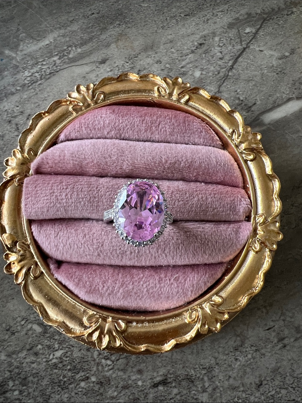 Pink Oval Halo Cocktail Ring in Silver size 7.5 as is but adjustable fashion
